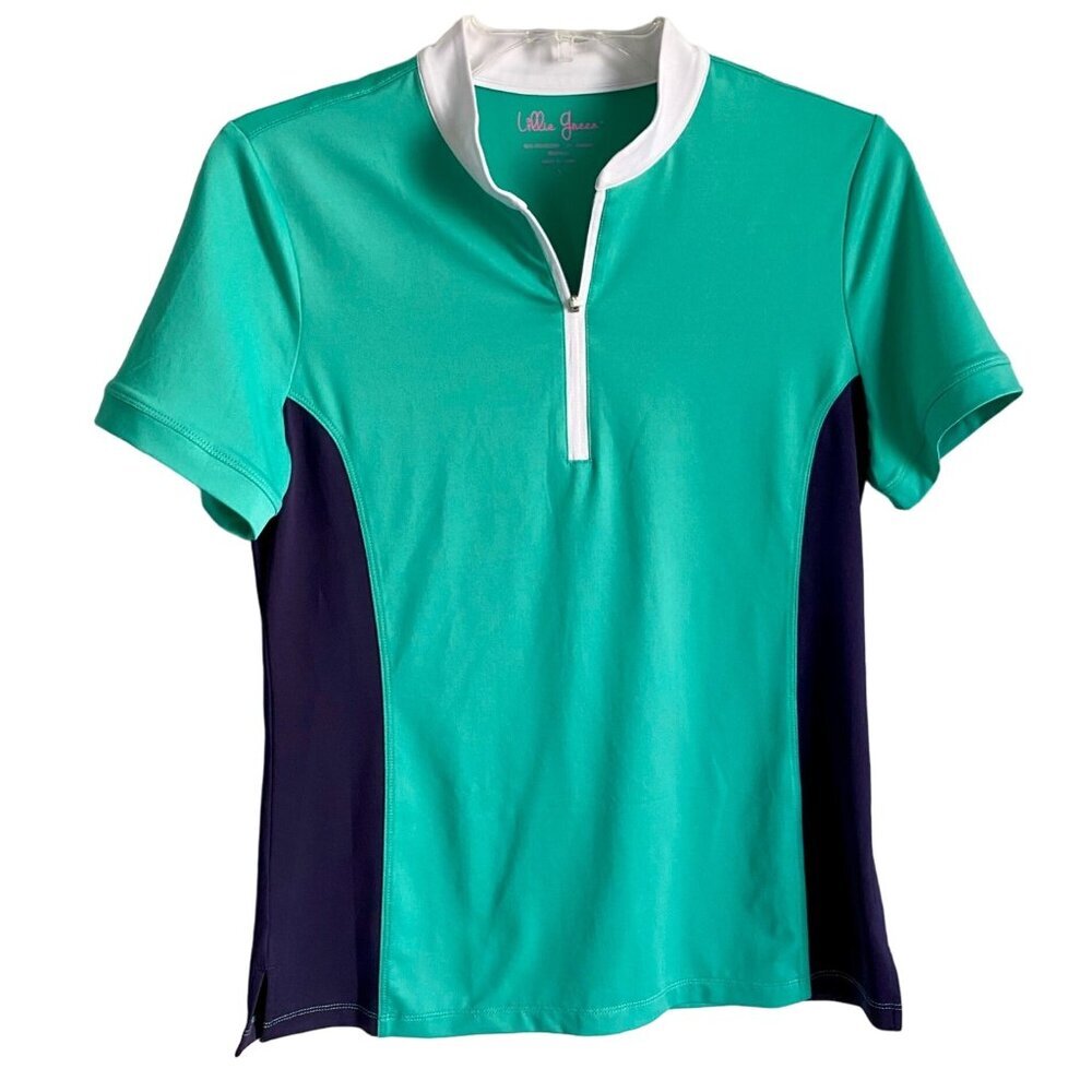Lillie Green Short Sleeve Green and Blue Quarter Zip Shirt Women's Small NEW